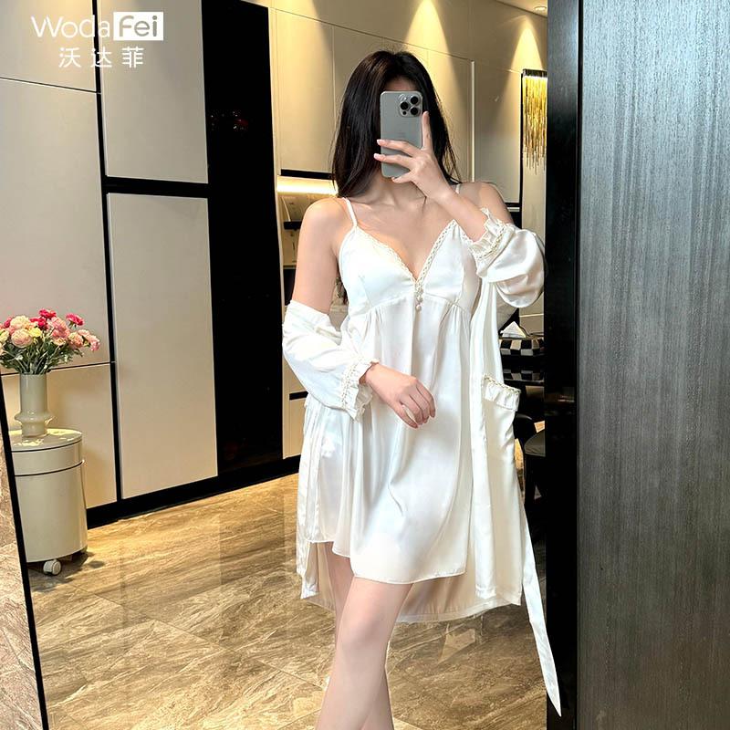 [Carefully Selected] Lace camisole nightdress, summer with bra pad, sexy ice silk nightgown, pure and alluring style slip dress coat set