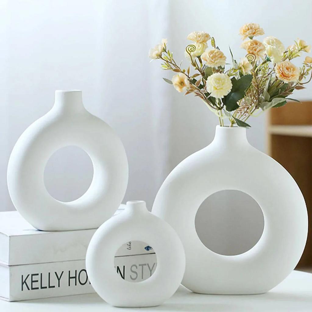 1 Stück Weiße Keramikvasen für Heimdeko, Moderne Deko Mattierte Kreisvase, Minimalistische Nordische Donut-Vase, Dekorativ