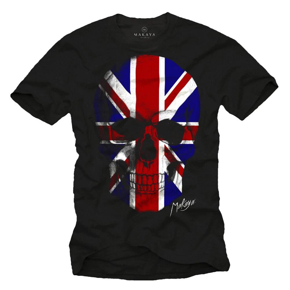 Union Jack Mens T-Shirt with England Skull - Mens Punk Rock Music Shirt- S