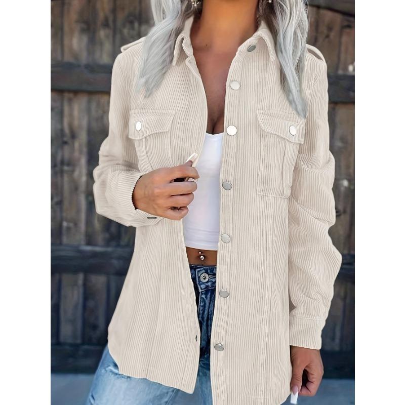 [Chic Long Sleeve] Elegant Light Blue Corduroy Jacket for Women | Polyester | Machine Washable | Fall/Winter