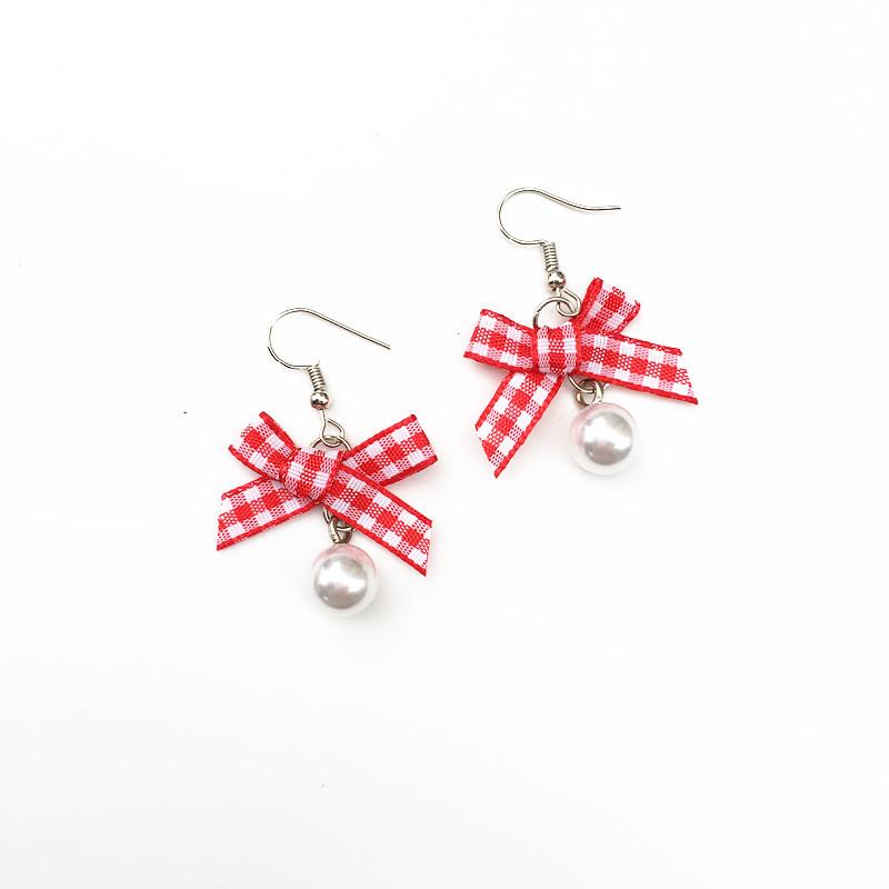 Harajuku Cute Plaid Bow & Mink Fur Ball Earrings with Strawberry Cake Dangles