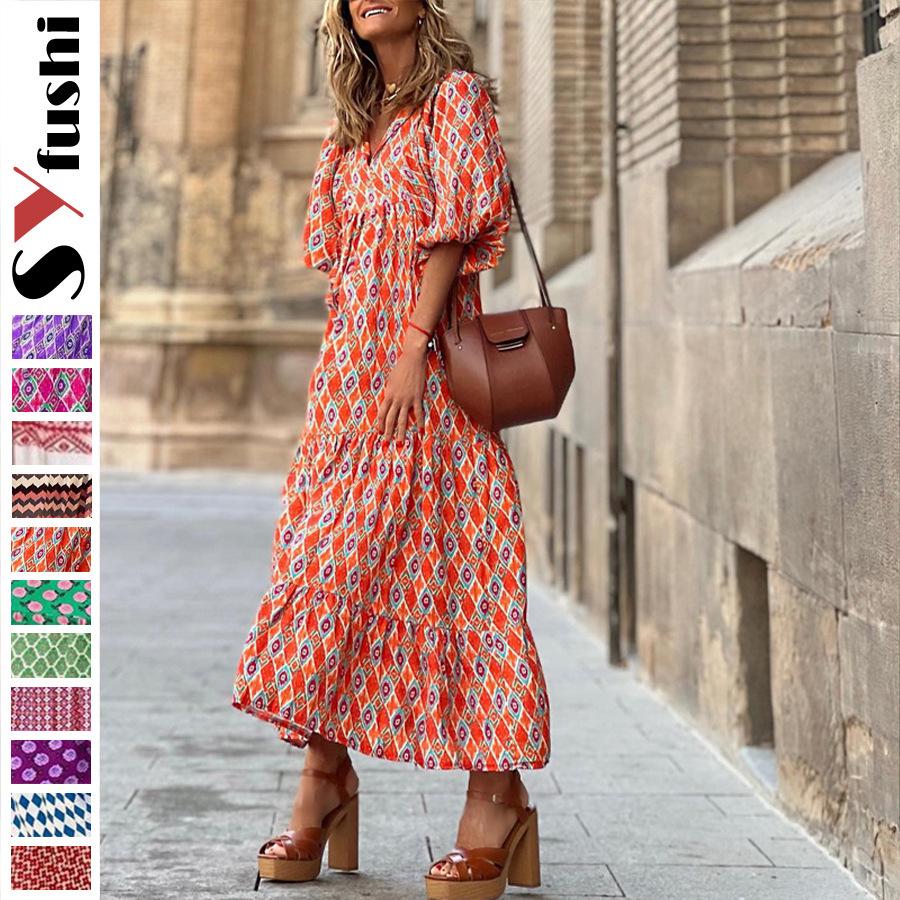 

Plus Size Women s Loose Bohemian Lantern Sleeve Dress L