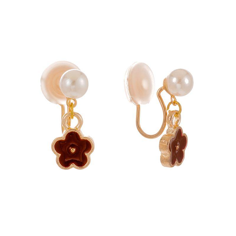2023 New Imitation Pearl Red Flowers Without Piercing Mosquito Coil Ear Clip Cute Drop Earrings Women