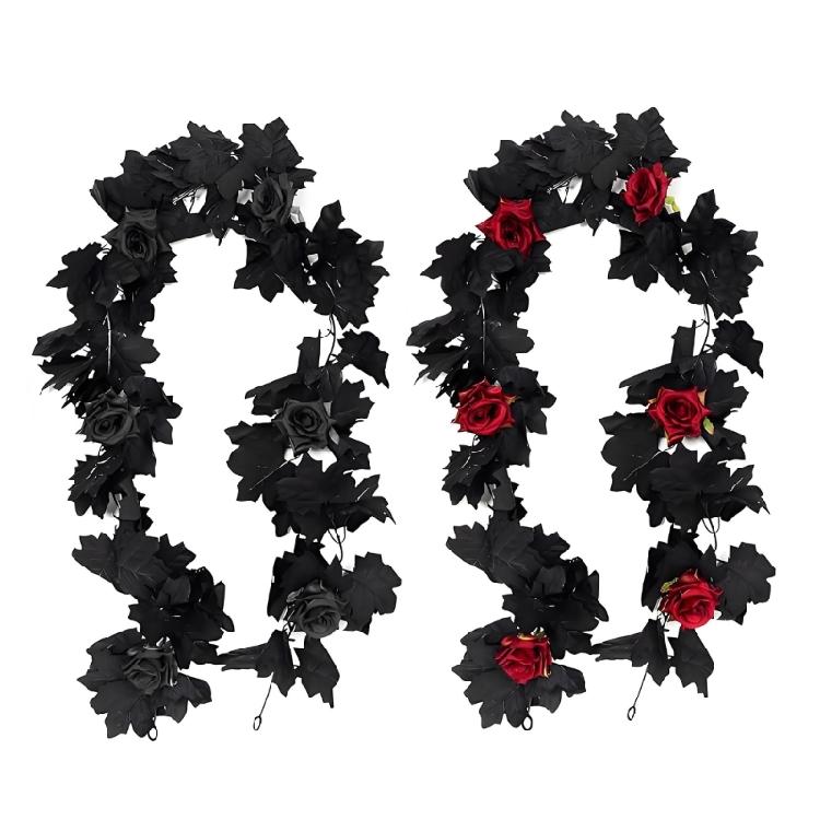 Halloween Home Setting Accent, 65.98 Inch Black Maple Rose Chain for Entryway, Door Frame, Shelf, and Wall Trim