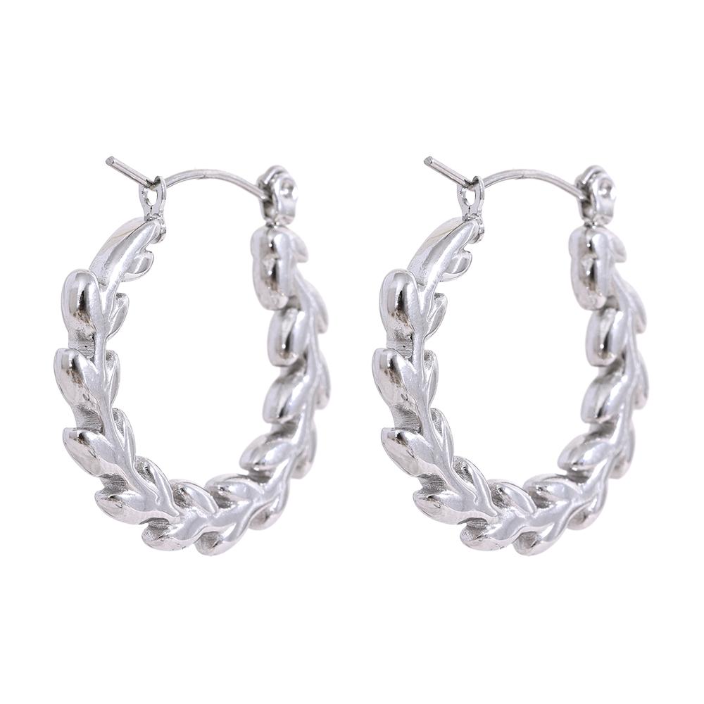 

Yhpup 25mm Stainless Steel Leaf Round Hoop Earrings Waterproof Prevent Allergy Metal Plant Simple Ear Jewelry for Women Gift