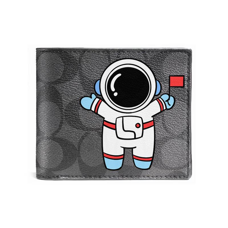 

COACH wallet [Customized bag] 3 IN 1 Hand-painted personalized graffiti Embossed printed short folding belt with detachable black (astronaut flag) чорний