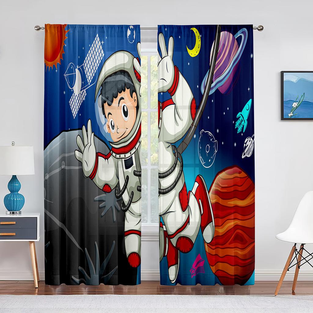 Cartoon Outer Space Astronaut Planet Sheer Voile Curtains for Living Room Bedroom Kitchen Decor Chiffon Tulle Window Curtains