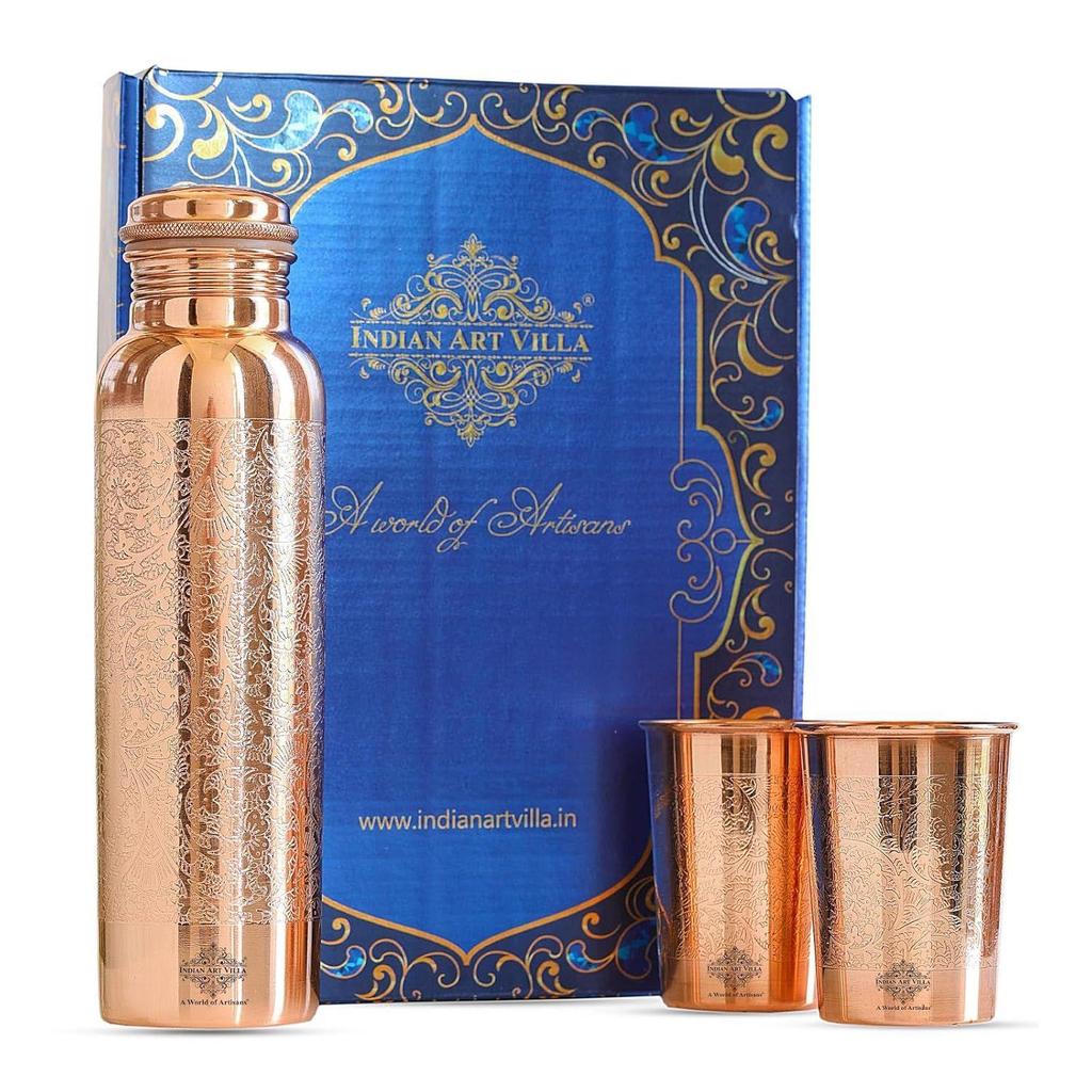 Pure Copper Drinkware Gift Set – Embossed Design with 1 Bottle (900 ML) & 2 Glasses (300 ML) in a Blue Box – Gifting Item for Diwali, Weddings,