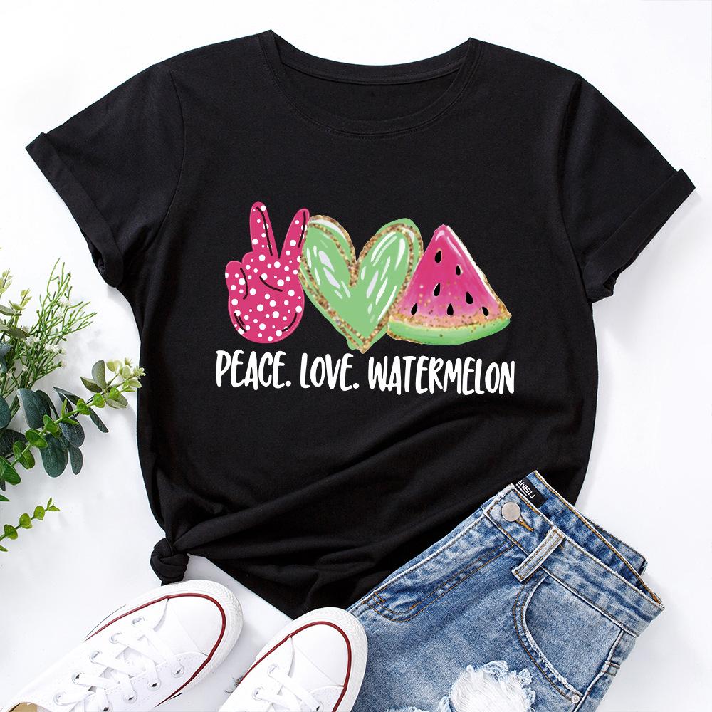 

Love Watermelon Print Loose Round Neck Short Sleeved Women s T-shirts 3XL