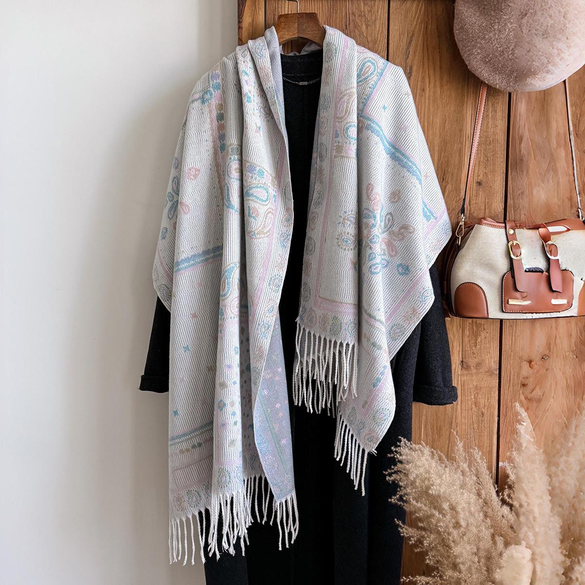 

Fashion Women S Winter Cashmere Wrap - Vintage Oil Painting Floral Printed Tasseled Pashmina Thick Shawl, Scarf & Echarpe