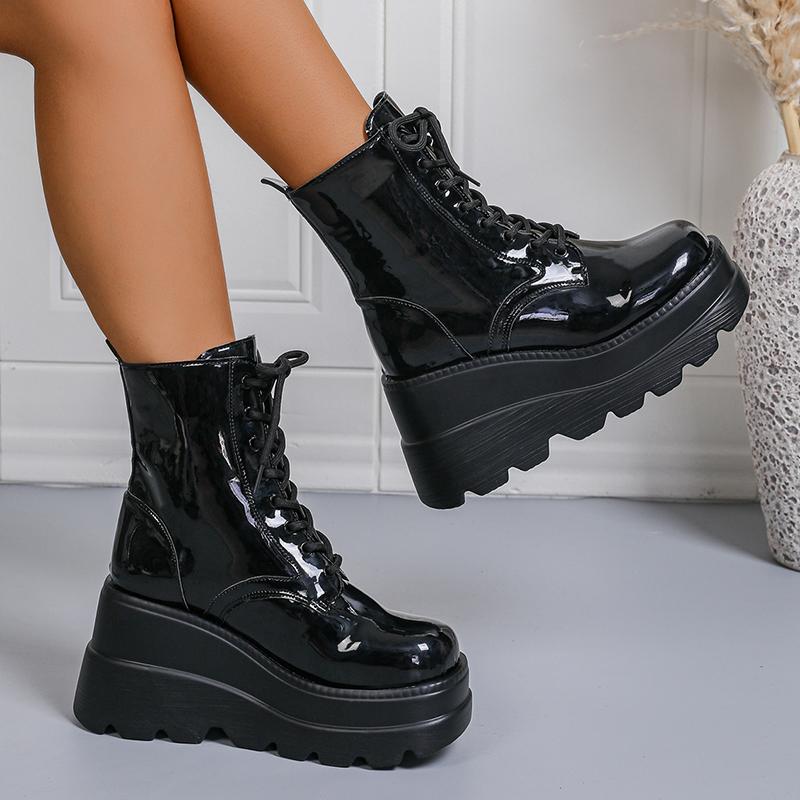 Punk Style Chunky Platform Ankle Boots Women Fashion Patent Leather Wedge Heel Combat Boots Woman Black Thick Sole Gothic Shoes