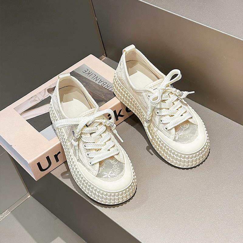 Korean lace mesh canvas shoes women's summer new thick-soled heightening hollow breathable fisherman shoes board shoes