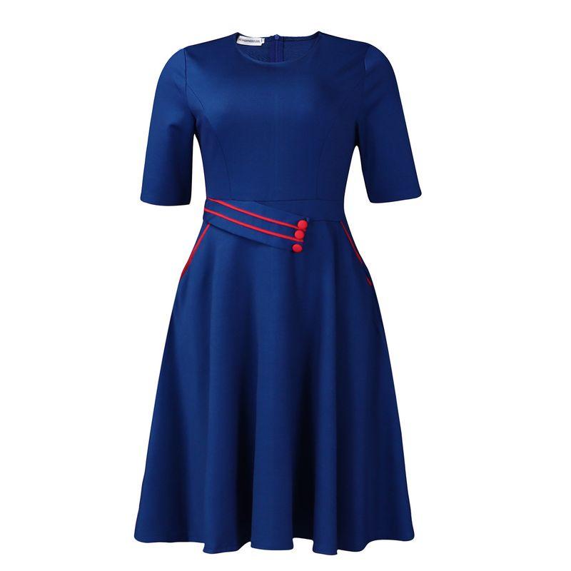 

D589 Women s Clothing New Fashion Short Sleeve Pure Color High Waist Big Swing Africa Dress Dark blue S