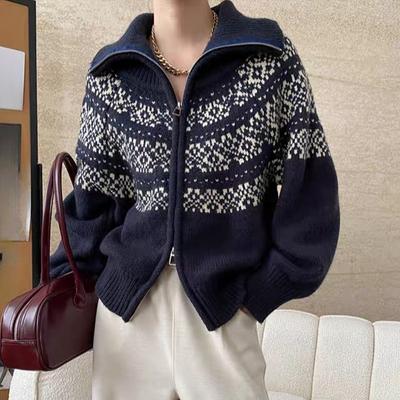 Herbst Winter Damen Reißverschluss Strickjacke lässig locker Vintage Print Pullover koreanisch Langarm grau Kurze Mäntel Tops Pullover