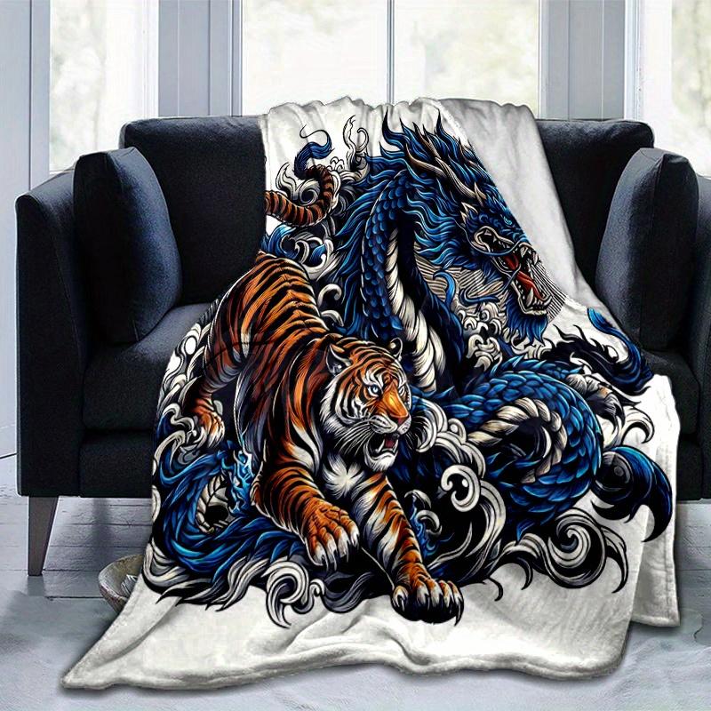 1 szt. Koc Niebieski Smok vs Tygrys Miękki koc do dekoracji pokoju, Idealny prezent, Salon, Podróż, Kemping, Kocy do samochodu
