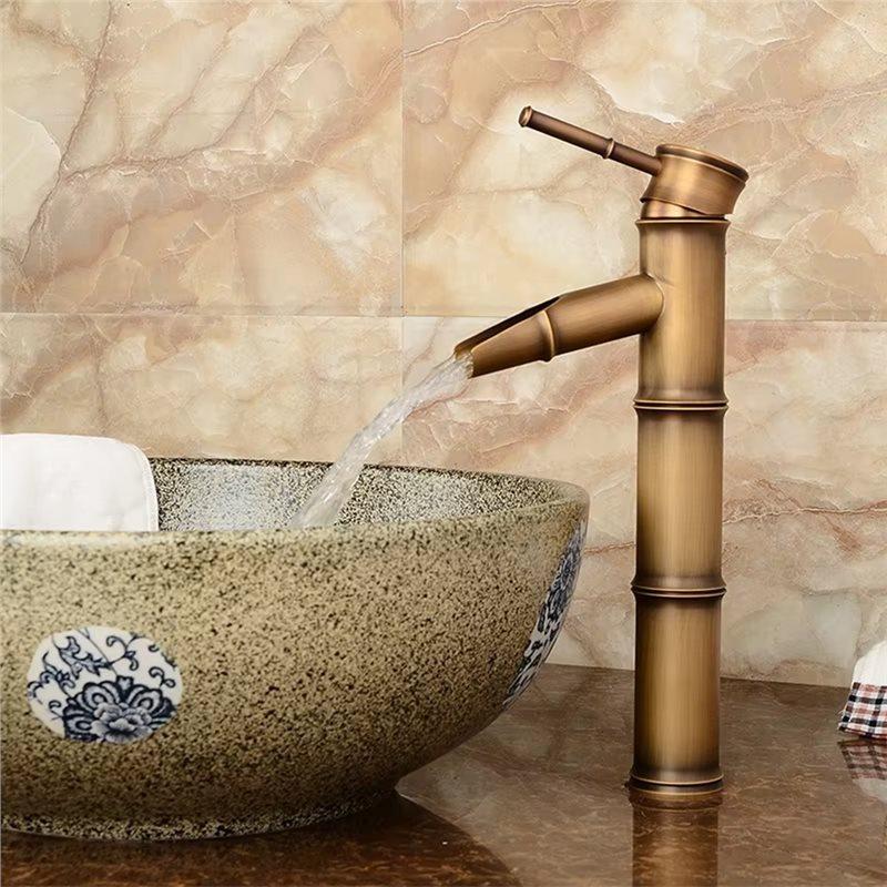 A84E-Luxury Brass Bathroom Faucet Basin Faucets Tall Bamboo Hot Cold Water Tap With Two Pipes Kitchen Outdoor Garden WC Taps