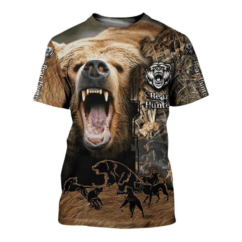 Mode Bärengrafik T-Shirts Sommer Trend Kurzarm O-Ausschnitt 3D Tiere Gedruckt Jäger T-Shirts Lässig Outdoor Sport Herren T-Shirts