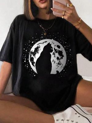 100% Baumwolle Damen T-Shirt Mond und Katzen Silhouetten Aufdruck Sommer Bequem Locker Oberteile Street Fashion Damenbekleidung