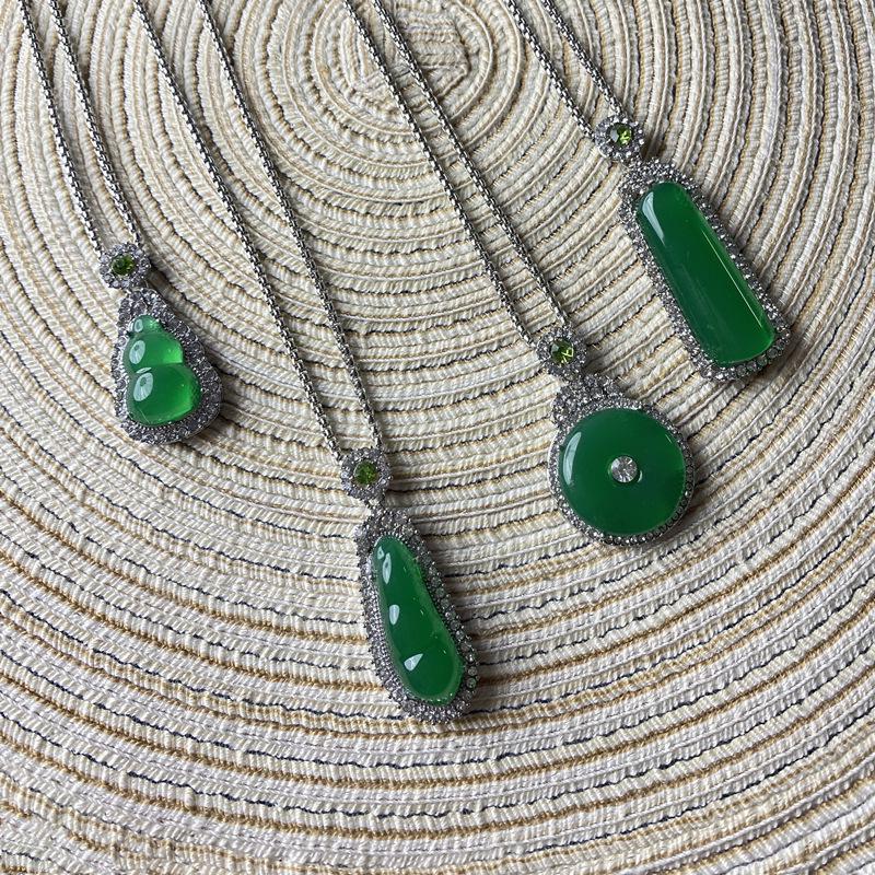Imitation Jade Green Pendant Necklace with Diamond Accents and Stainless Steel Chain