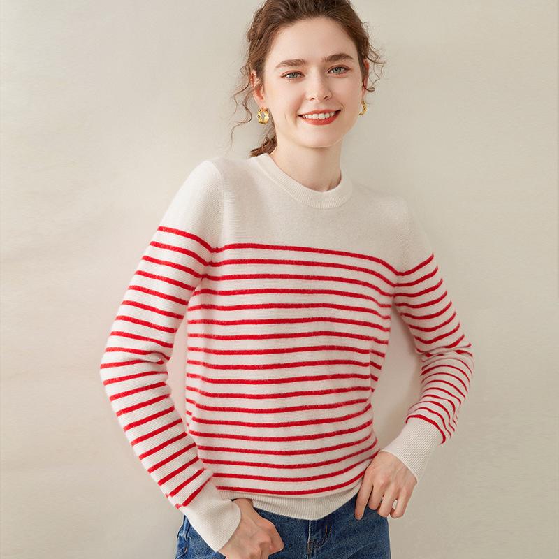 Women's Black & White Striped Round Neck Cashmere Sweater - New Autumn/Winter Style, Long-Sleeved, Color-Block Knit, Regular Fit.