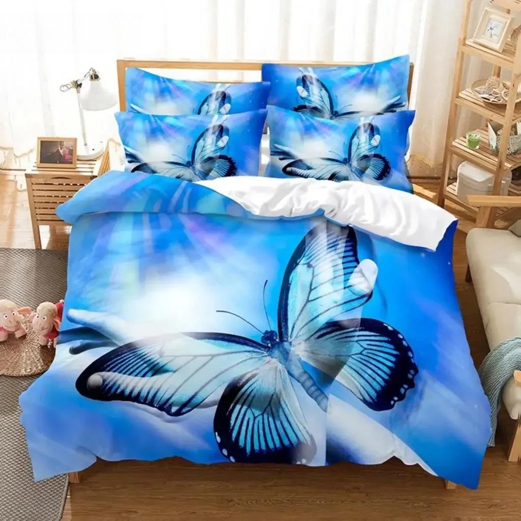 Blue Butterfly Duvet Cover Set King Size 220x240 Double Bed Single 3D Queen Bedding Sets Pink Full Twin Quilt Linen Pillowcase