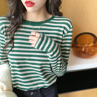 Striped Bottoming Shirt for Women, Spring and Autumn New Style, Contrasting Color, Round Neck, Long-sleeved T-shirt, Early Autumn Top