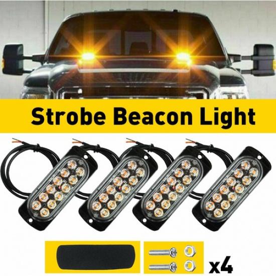 4x Amber 12 LED Car Truck New Beacon Hazard Warning Flash Strobe Light