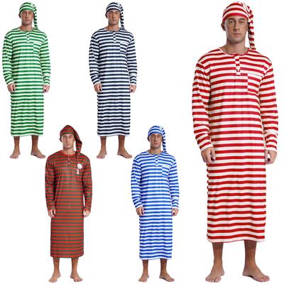 Set Vestaglia da Notte da Uomo a Righe Larghe con Cappello con Pompon Abbigliamento da Notte Natalizio Maniche Lunghe Pigiami Sissy