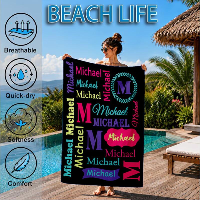 Custom Name Purple Elephant Beach Towel Microfiber Beach Towel, Lightweight and Quick-Dry, for Summer Travel, Swimming Pool Gift