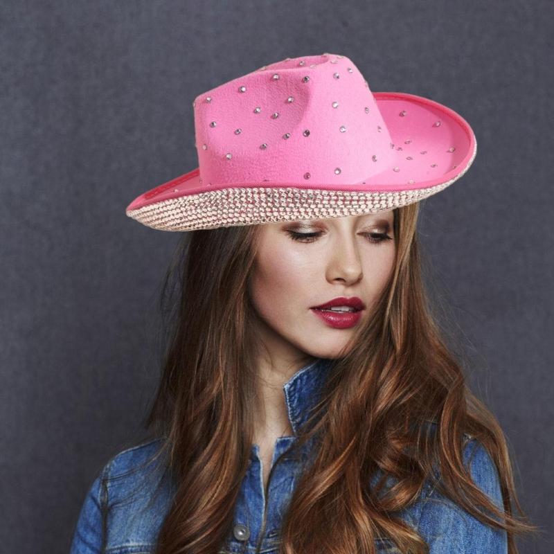 Vacation Cowboy Hat Panama Hat Crystal Brim Hat Rhinestones Hand Beading Crystal for Carnivals Music Festival