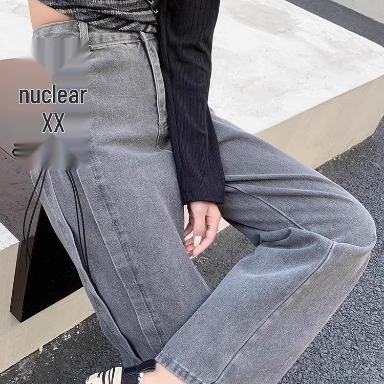 Dámské podzimní korejský styl kouřově šedé džíny s vysokým pasem na zavazování a širokými nohavicemi