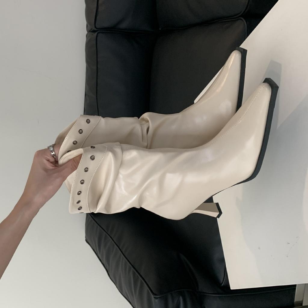 2025 Autumn New High-heeled Small Square Head Rivets Low Tube Folds Thin Fashion Spice Girl Martin Women's Short Boots