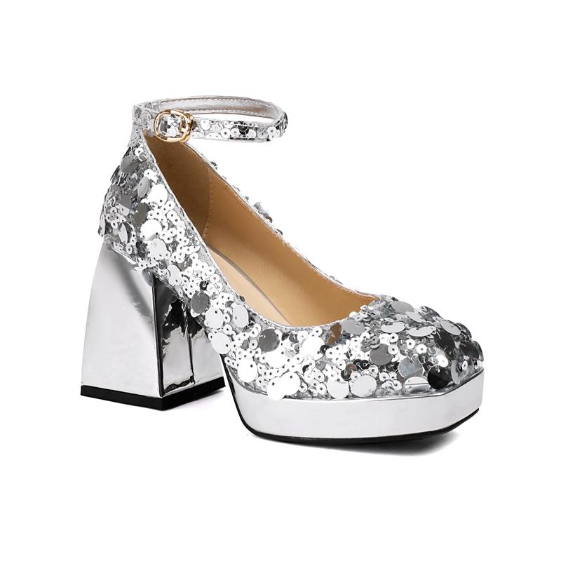 Fashion Women's New Spring and Autumn Square Head Sexy Nightclub Sequin Leather Waterproof Platform High Heel Elastic Belt Single Shoes