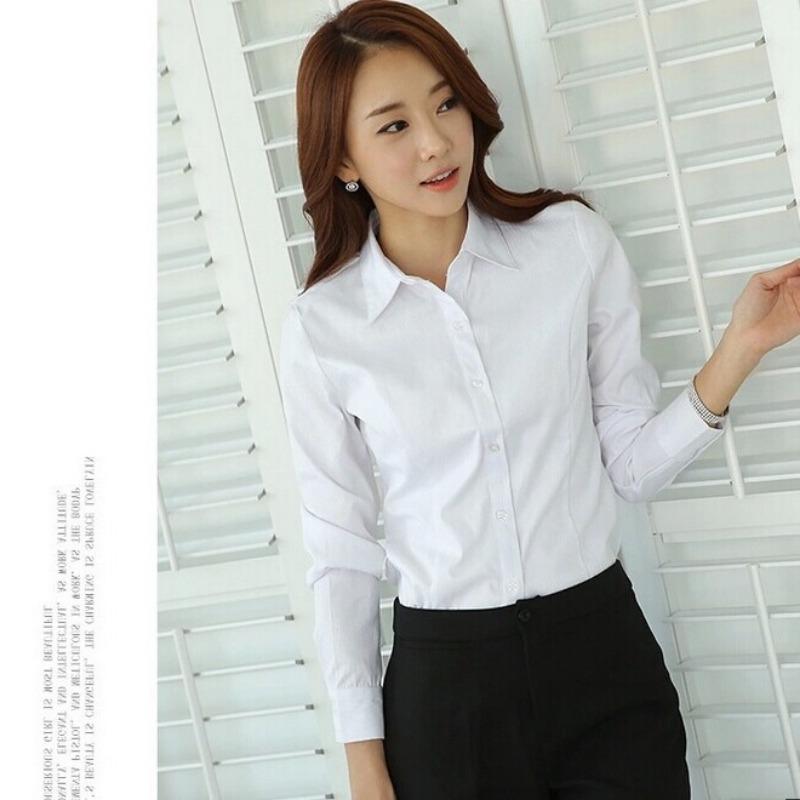 Women Korean Style Slim Fit Solid Color Long Sleeve Professional Work Office Shirt S белый
