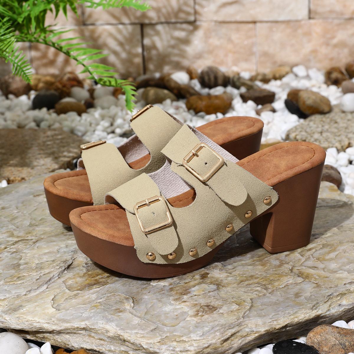 

2025 new summer high-heeled sandals rivet belt buckle thick heel non-slip women s slippers can be worn outside fashionable cool slippers 43