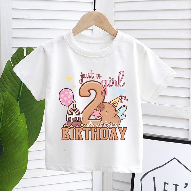 New Capybara Summer Birthday Number Pure Cotton Print Kids T Shirts Short Sleeved Cute Children's T-shirt