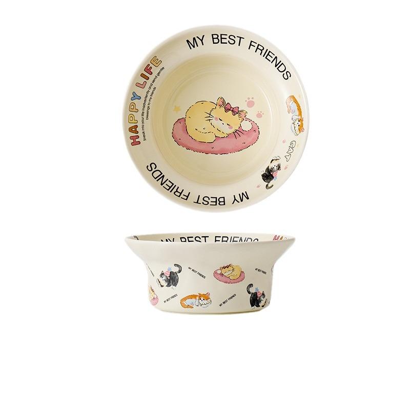 Cute Ceramic Dessert Bowl Round Cartoon Salad Bowl Tableware Household Eating Rice Bowl Dormitory Couple Bowl Spoon Set