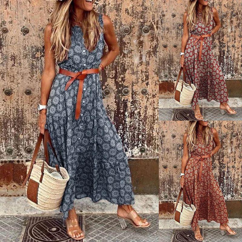 

Amazon Independent Station Fashion Export Summer Polka Dot Sleeveless round Neck Cardigan Button Long Dress Blue L