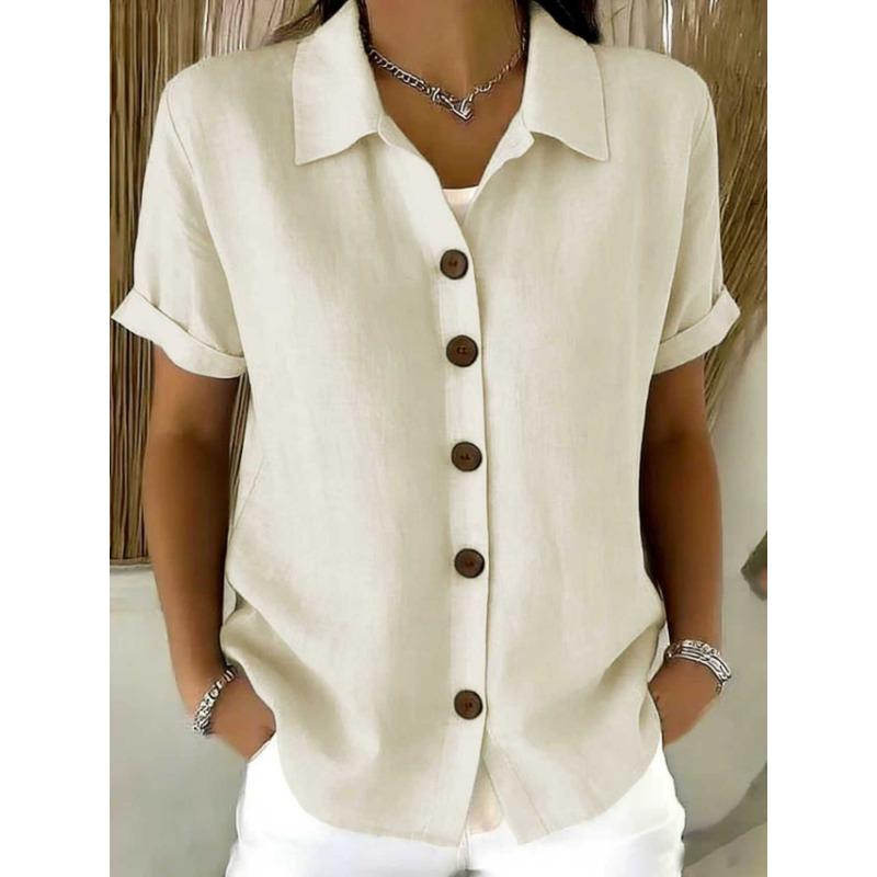 Women Blue Linen Blend Button Down Short Sleeve Casual Shirt