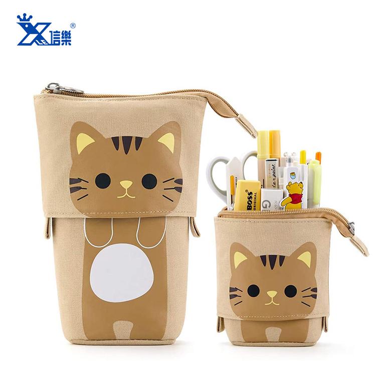 Hot Bulk Sales Zipper Estuches Escolares Cute Cartoon Cat Pen Pouch Telescopic Fancy Stationery Bag Standing Up Kids Pencil Case