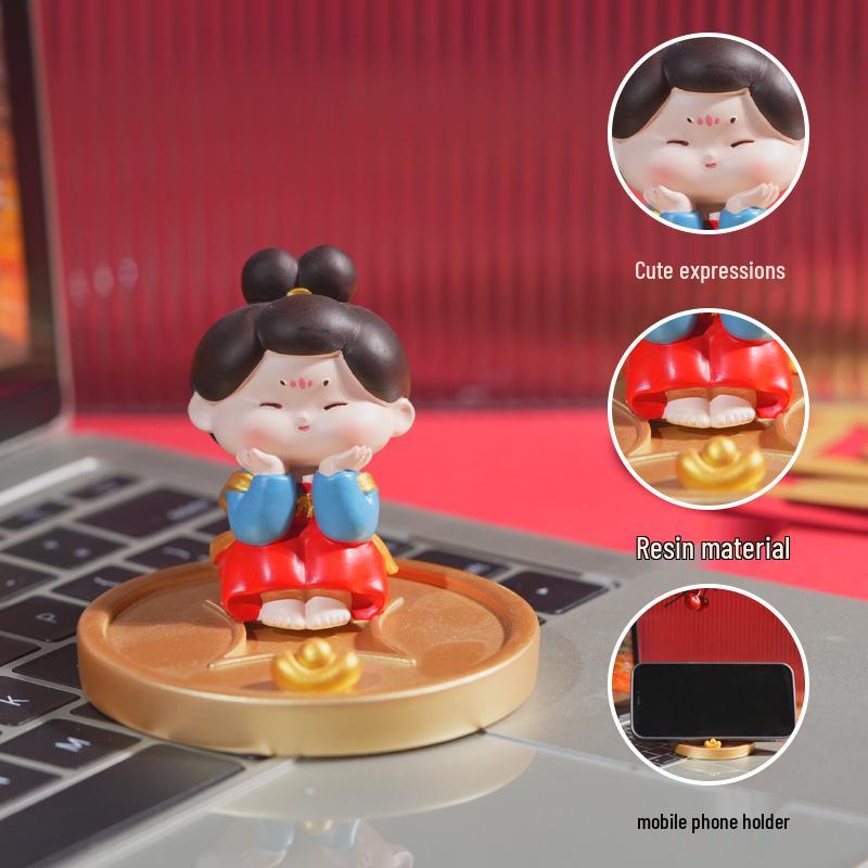 Tang Dynasty Lady Phone Stand - Cute Desktop Decoration, Resin Ornament for Home or Living Room.