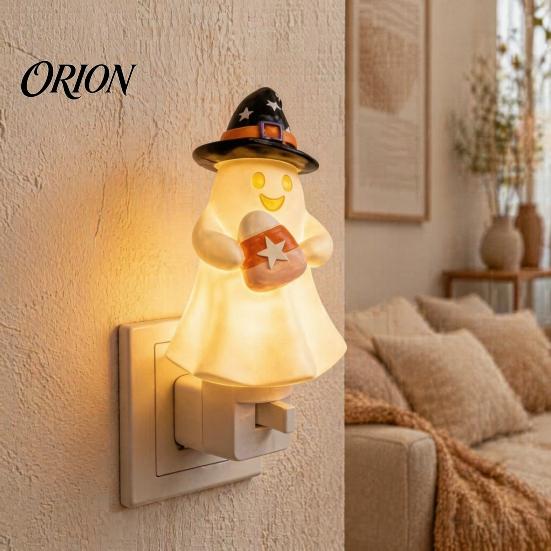 Decorative Wall Light Halloween Pumpkin Ghost Night with Witch Hat, Resin Soft Glow Unique Decor Plug-in LED Bedroom Light, Spooky Sconce for