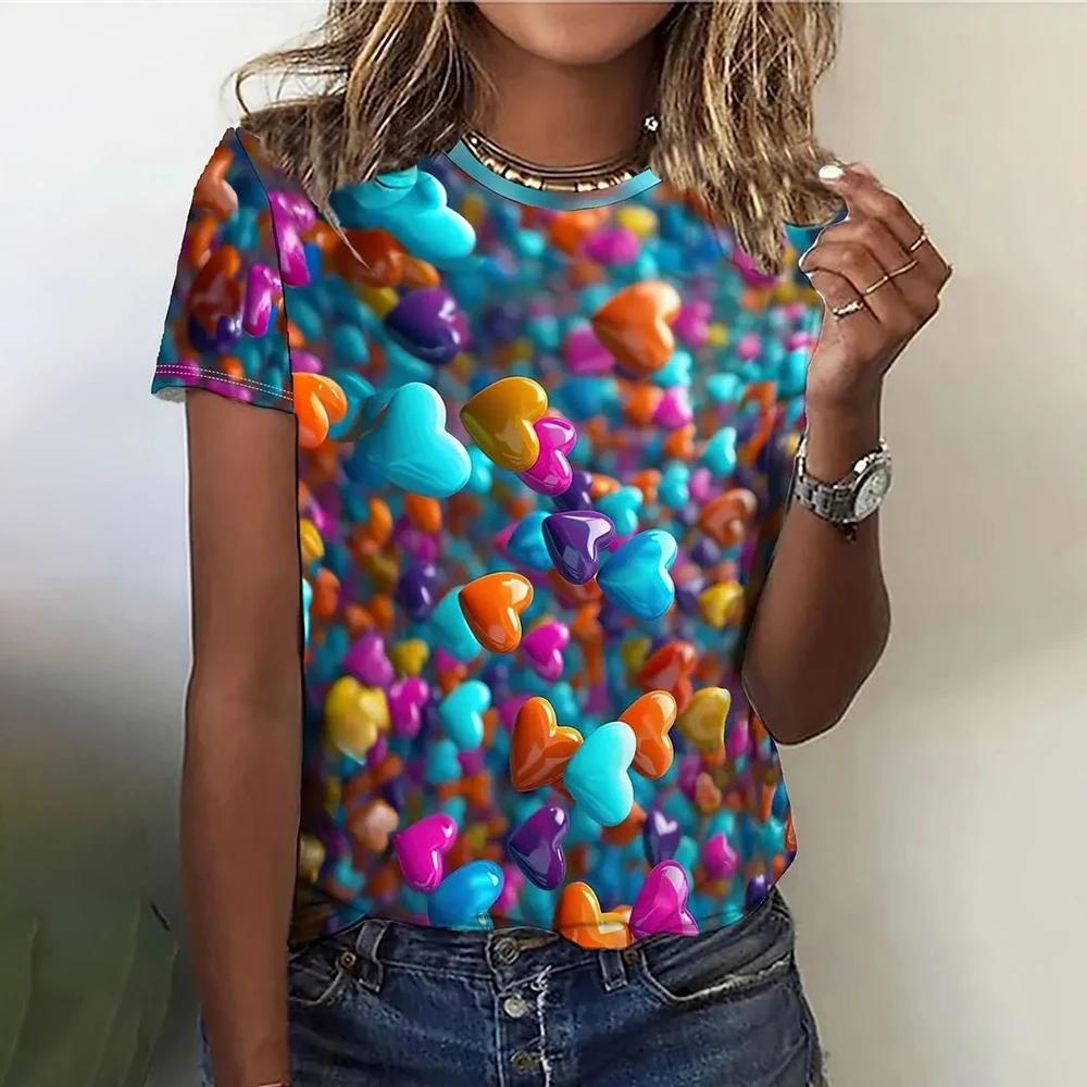 Love Heart Rainbow 3D Printed Women's T-shirt Summer Round Neck Short Sleeve T-shirt Y2K Harajuku Style T-shirt Women's Wear