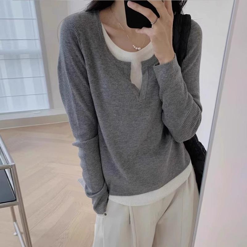 

Spring and Autumn wear lazy design sense niche top women s contrasting color fake two-piece knitted sweater long-sleeved pullover looks thin 48-271 (average size) сірий колір