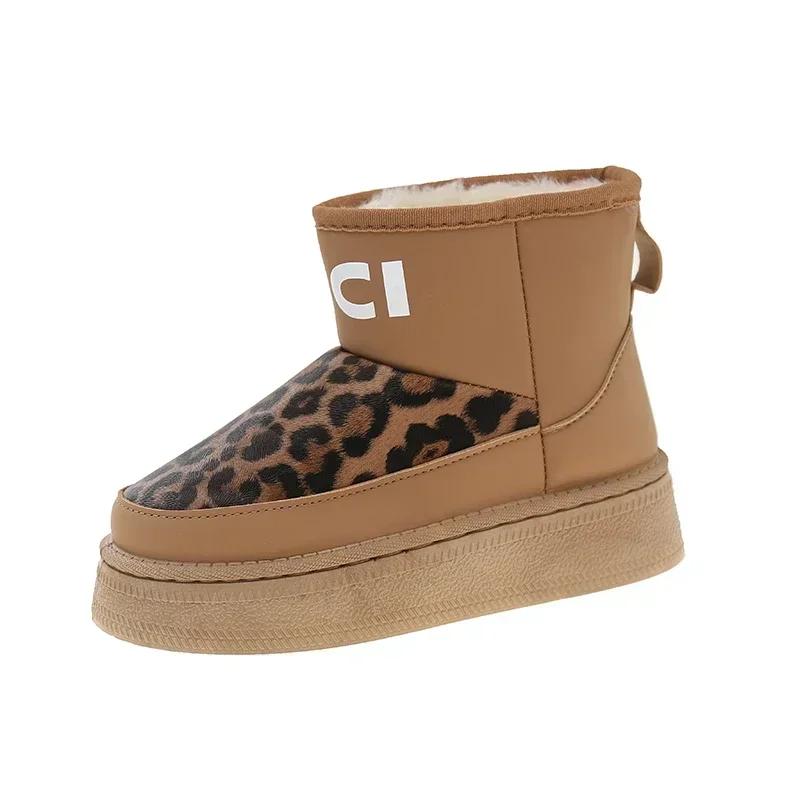 Fashion Leopard Women Fur Snow Boots Ankle Flats Platform Shoes 2025 Winter Short Plush Warm Women Boots Sport Shoes Botas Chelsea Mujer