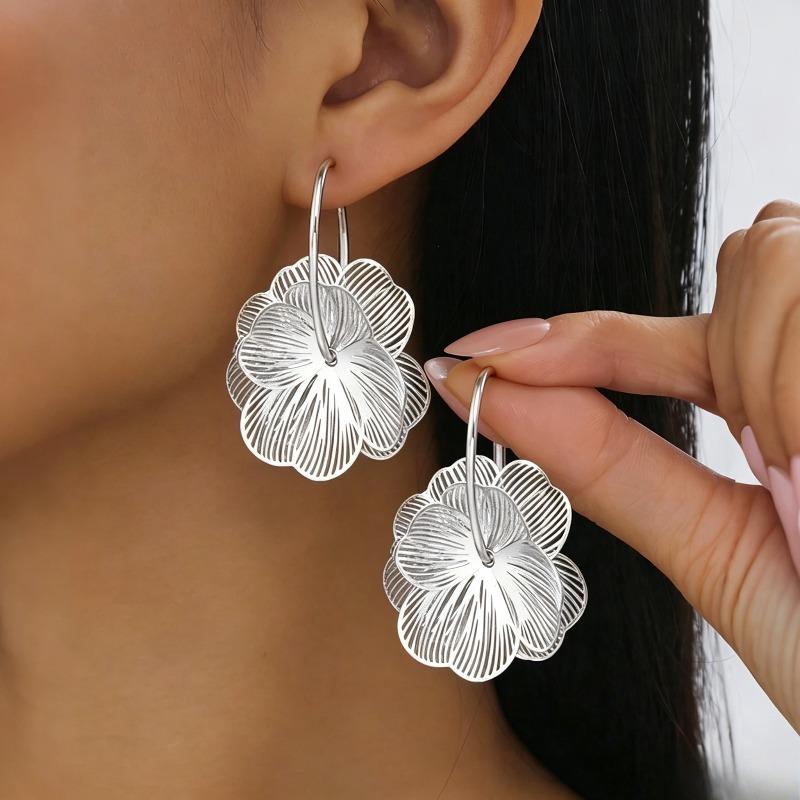 Large Gold Color 3D Textured Flower Drop Earrings For Women Fashion Vintage Geometric Dangle Earring Statement Jewelry Gift