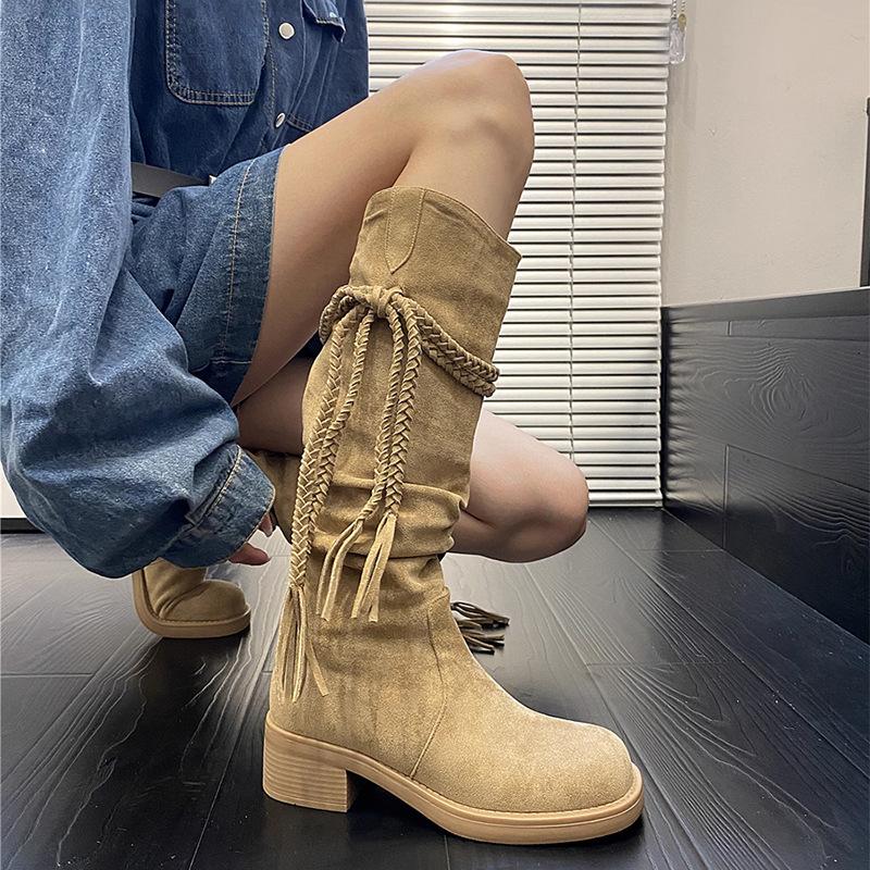 

Retro round head wasteland wind fringed knight boots women s 2025 new thick heel but knee thin pile boots 35 хаки