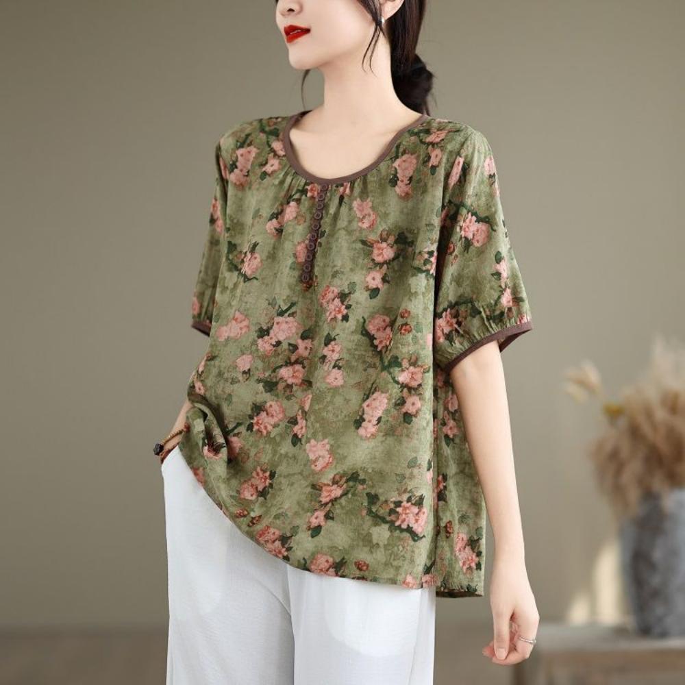 Summer Thin Printed Color Pullover Short Sleeved Shirt Artistic Retro Loose Bubble Cotton Linen T-shirt Top