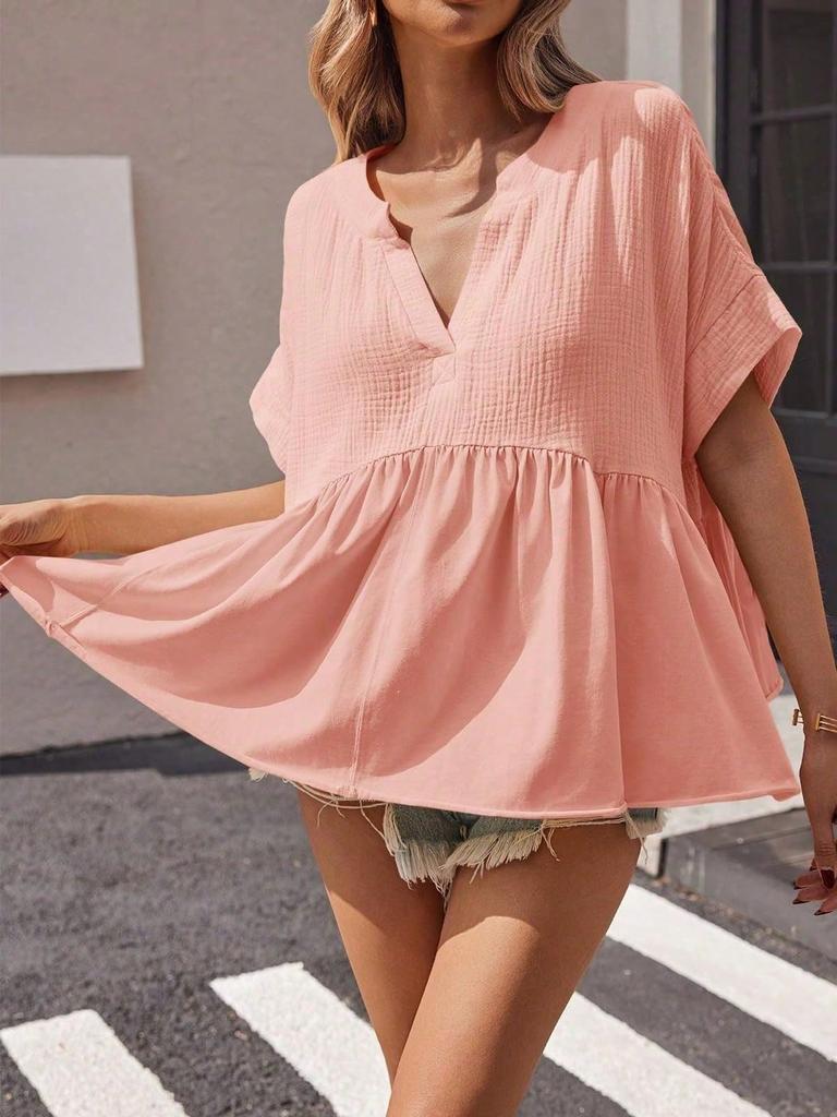 Womens V Neck Peplum Babydoll Blouse Short Sleeve Pleated Summer Top