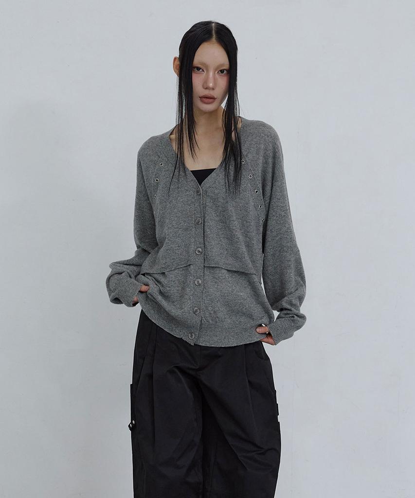 Uusoo Relaxed Eyelet Wool Cardigan_ Gray